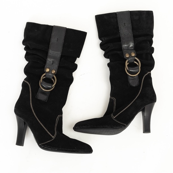 Black suede leather slouch boot heeled with stitching Hot In Hollywood 8.5 fall - Picture 2 of 14